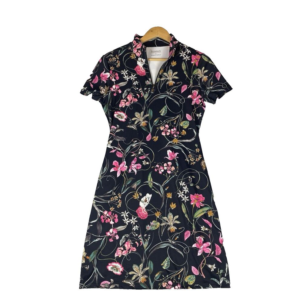 NEW AceGolfs Golf Dress S Floral Navy Pink UPF 50+ Stretch 1/4 Zip Athleisure